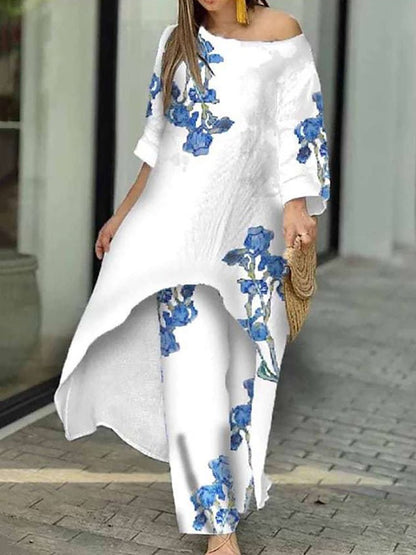 Loungewear X-Long Top Print Three Quater Sleeve O-Neck Outfit - Busy Bee Bazaar