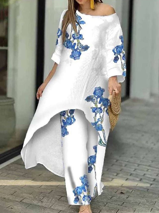 Loungewear X-Long Top Print Three Quater Sleeve O-Neck Outfit - Busy Bee Bazaar