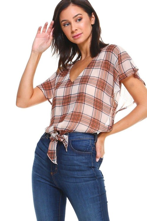 Plaid Tie Back Blouse Top - Busy Bee Bazaar