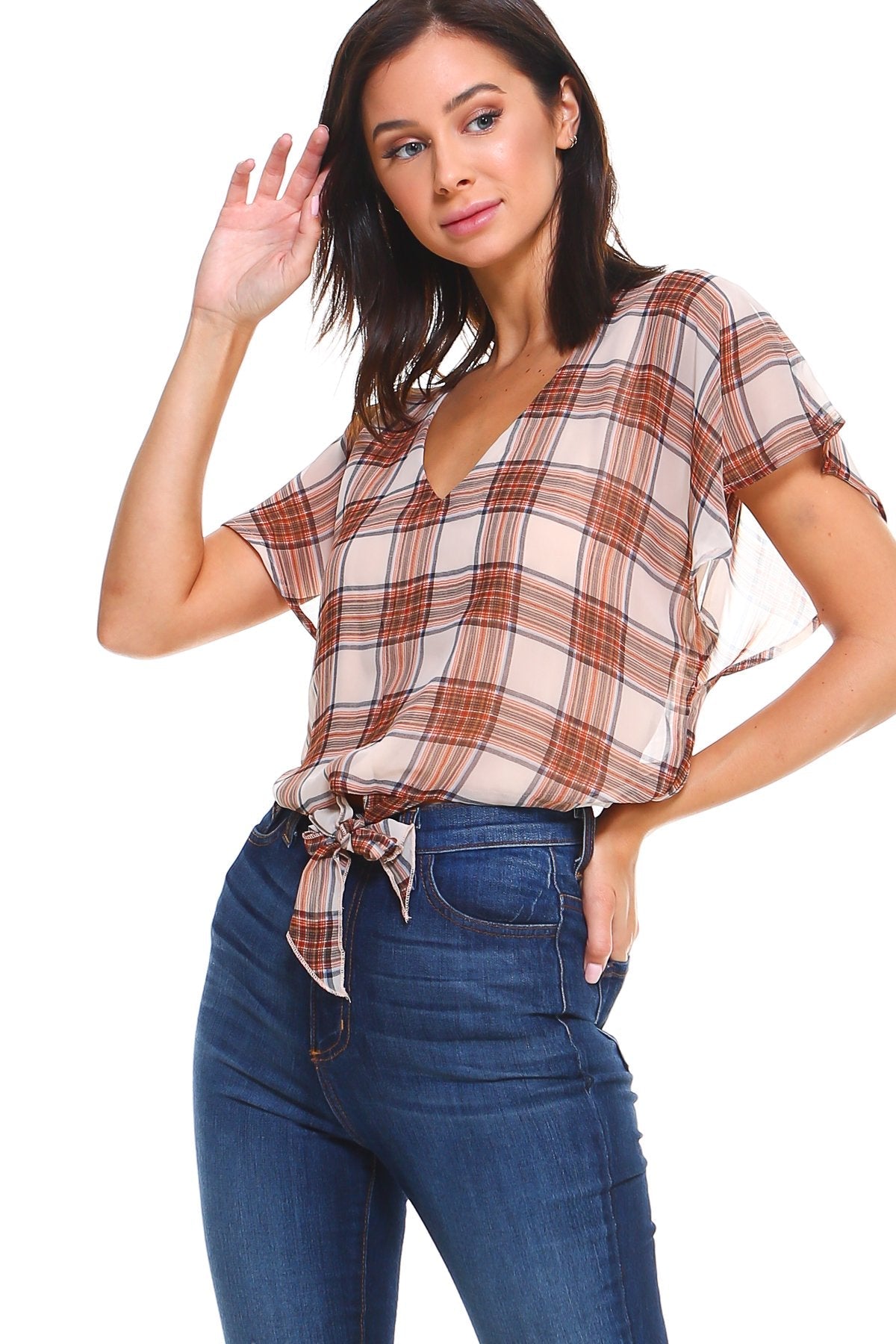 Plaid Tie Back Blouse Top - Busy Bee Bazaar