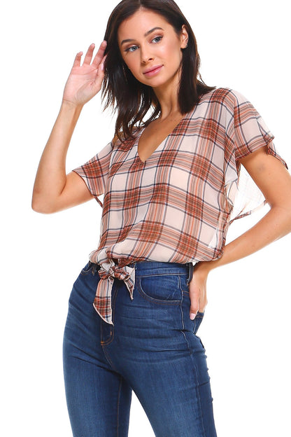 Plaid Tie Back Blouse Top - Busy Bee Bazaar