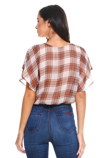 Plaid Tie Back Blouse Top - Busy Bee Bazaar