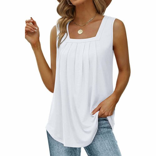 Pleated Square Neck Sleeveless Tail Hem Vest T-Shirt - Busy Bee Bazaar