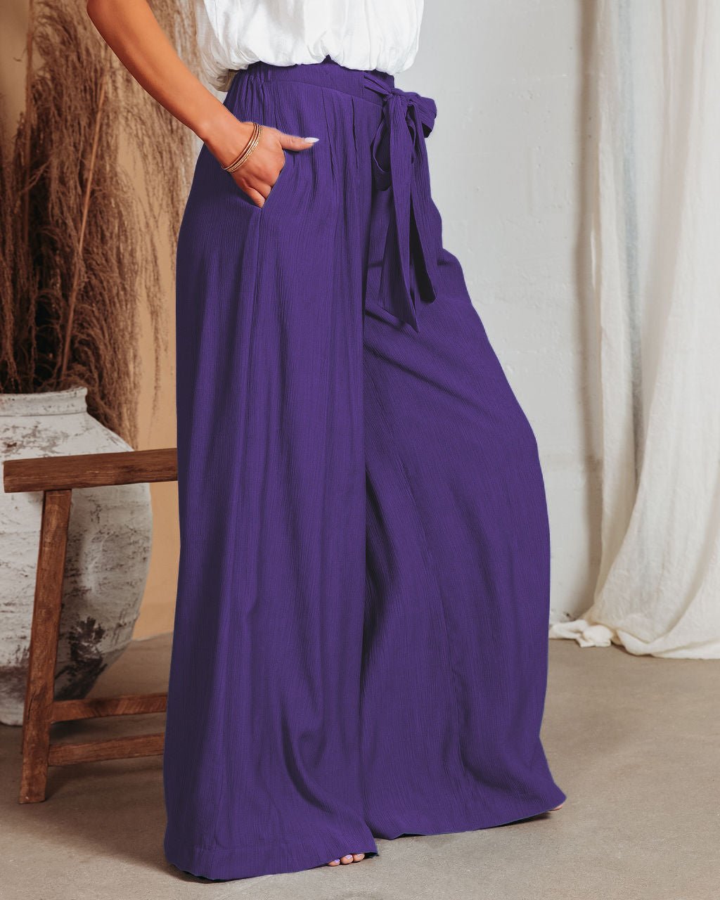 Plus-size Solid Color Lace-up Wide-leg Pants - Busy Bee Bazaar