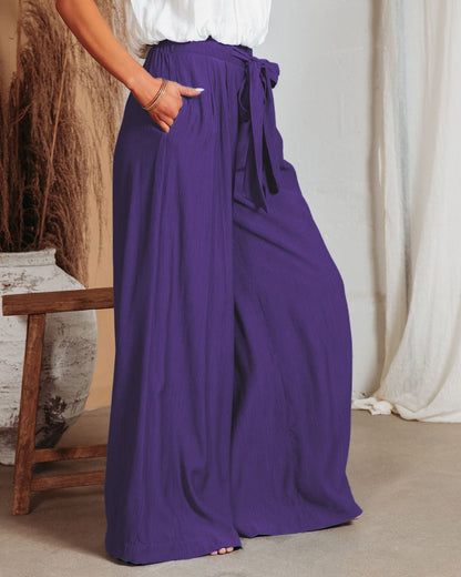 Plus-size Solid Color Lace-up Wide-leg Pants - Busy Bee Bazaar