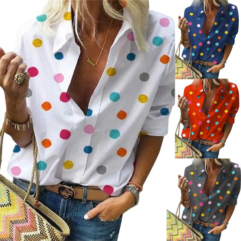 Polka Dot Blouse Women Turn Down Collar Long Sleeve Shirts - Busy Bee Bazaar