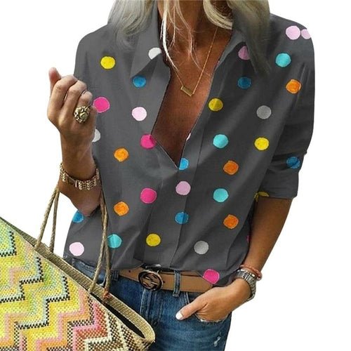 Polka Dot Blouse Women Turn Down Collar Long Sleeve Shirts - Busy Bee Bazaar