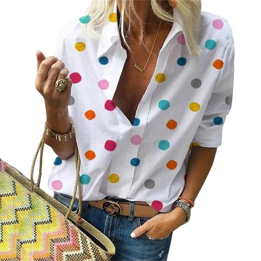 Polka Dot Blouse Women Turn Down Collar Long Sleeve Shirts - Busy Bee Bazaar