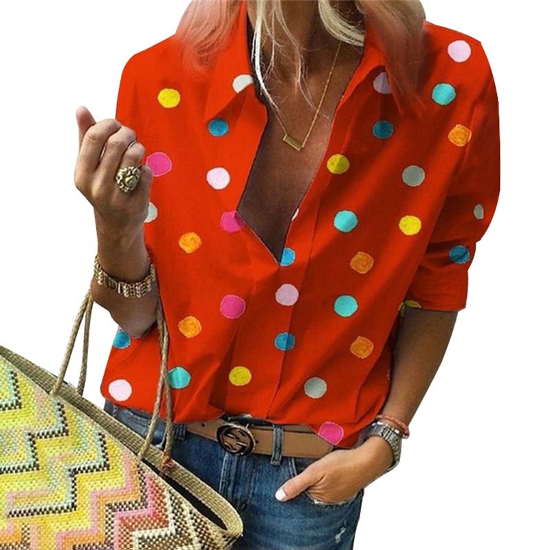 Polka Dot Blouse Women Turn Down Collar Long Sleeve Shirts - Busy Bee Bazaar