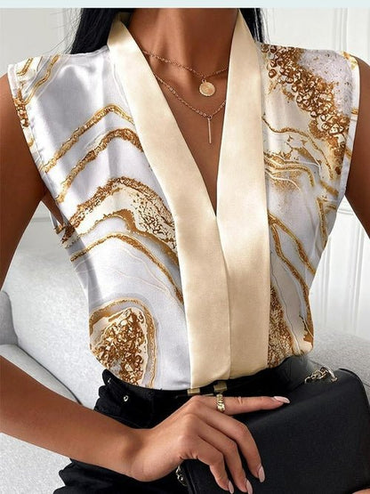Print Tops V-neck Sleeveless Casual Shirt - Busy Bee Bazaar