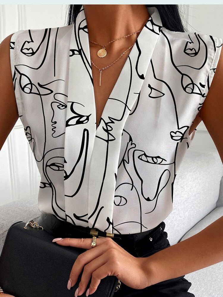 Print Tops V-neck Sleeveless Casual Shirt - Busy Bee Bazaar