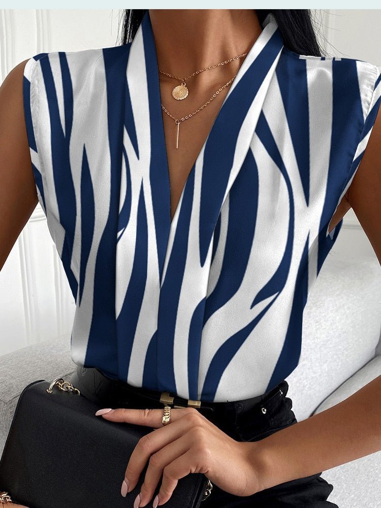 Print Tops V-neck Sleeveless Casual Shirt - Busy Bee Bazaar