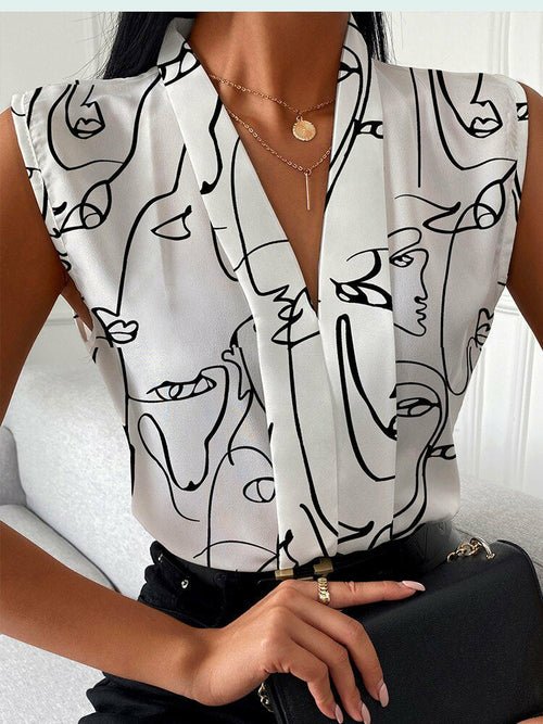 Print Tops V-neck Sleeveless Casual Shirt - Busy Bee Bazaar