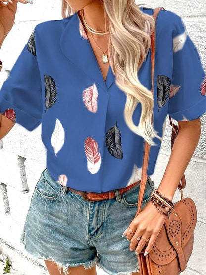 Printed feather shirt Short sleeve shirt - Busy Bee Bazaar