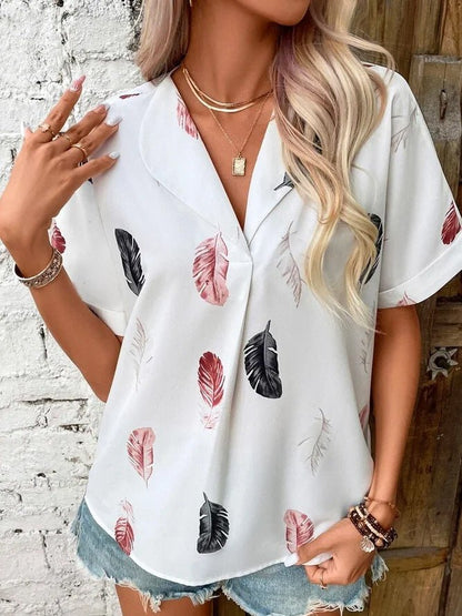 Printed feather shirt Short sleeve shirt - Busy Bee Bazaar