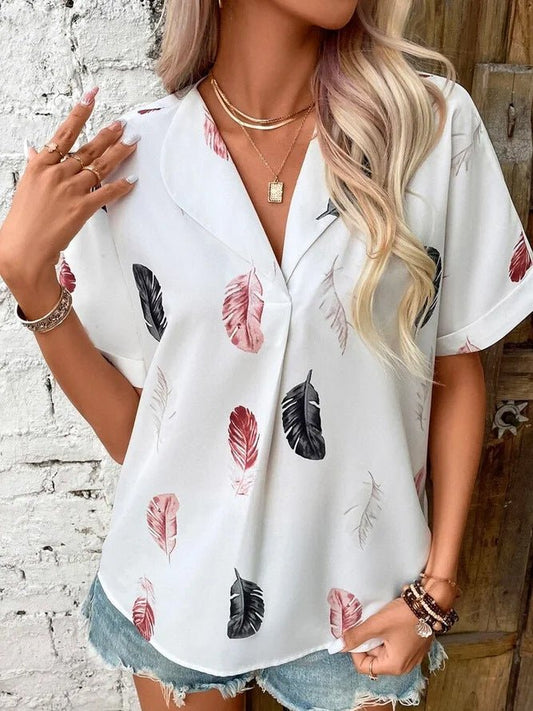 Printed feather shirt Short sleeve shirt - Busy Bee Bazaar