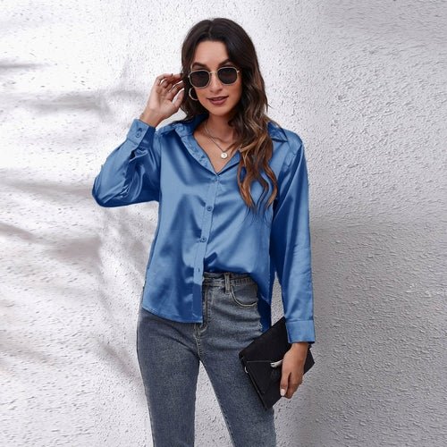Satin Shirt Women Formal Solid Color Tops Blouses - Busy Bee Bazaar