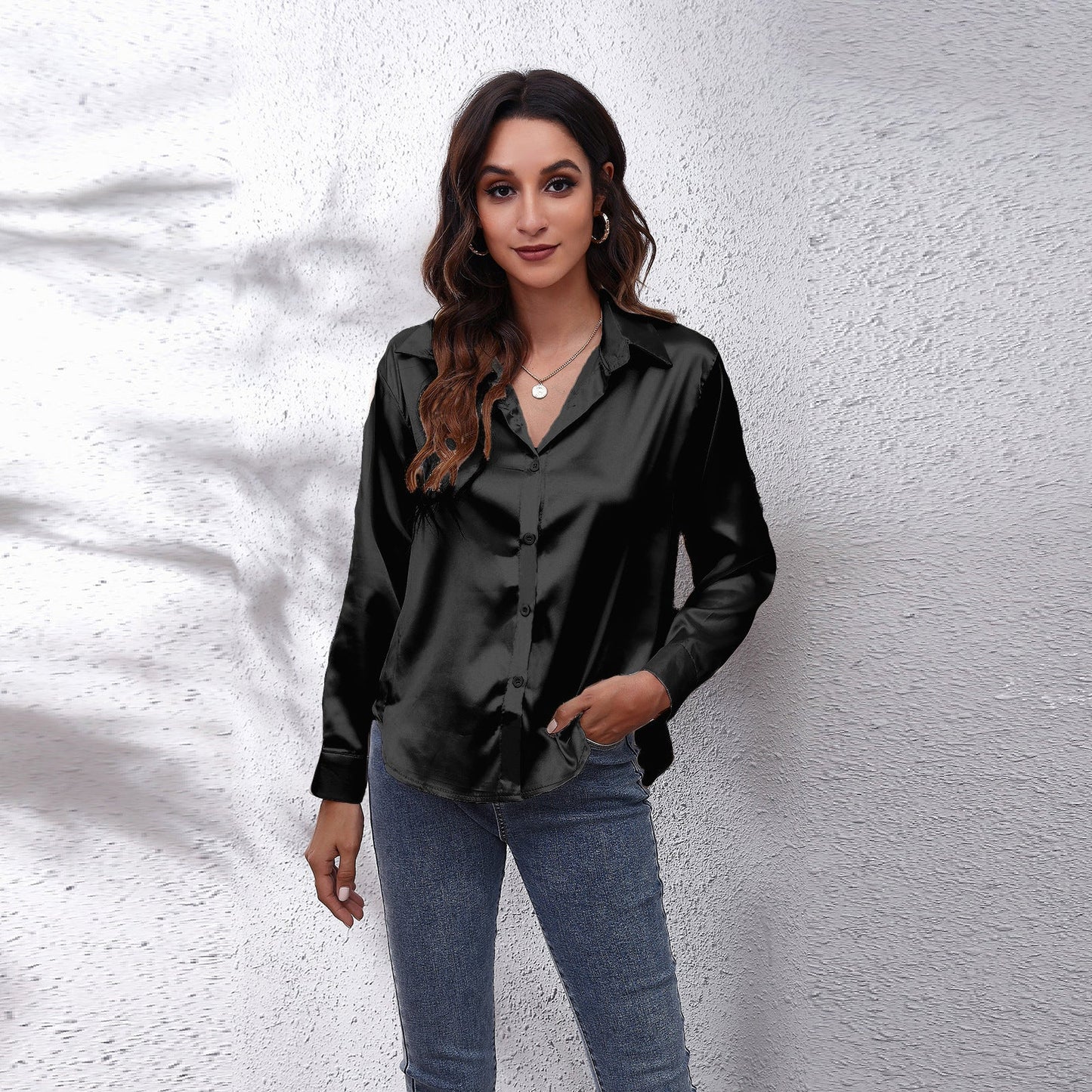 Satin Shirt Women Formal Solid Color Tops Blouses - Busy Bee Bazaar
