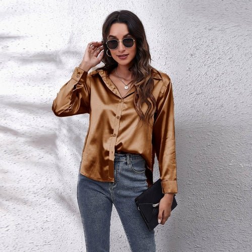 Satin Shirt Women Formal Solid Color Tops Blouses - Busy Bee Bazaar