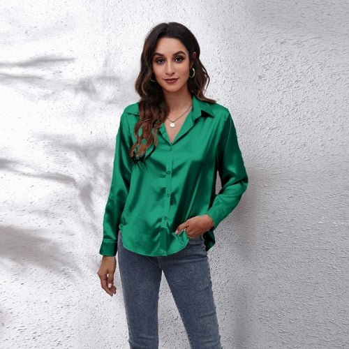 Satin Shirt Women Formal Solid Color Tops Blouses - Busy Bee Bazaar