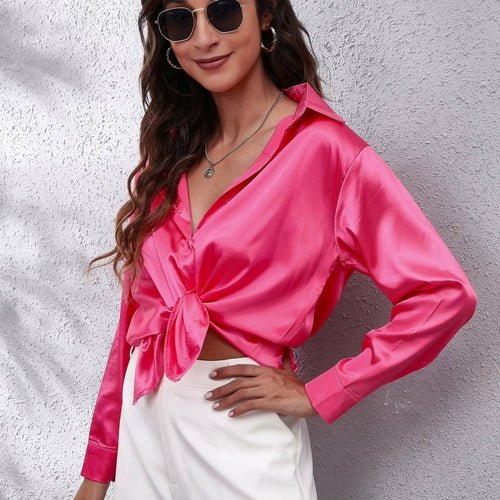 Satin Shirt Women Formal Solid Color Tops Blouses - Busy Bee Bazaar