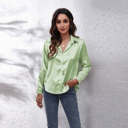 Satin Shirt Women Formal Solid Color Tops Blouses - Busy Bee Bazaar