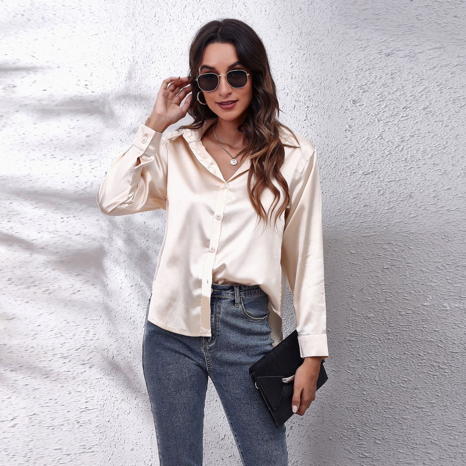 Satin Shirt Women Formal Solid Color Tops Blouses - Busy Bee Bazaar