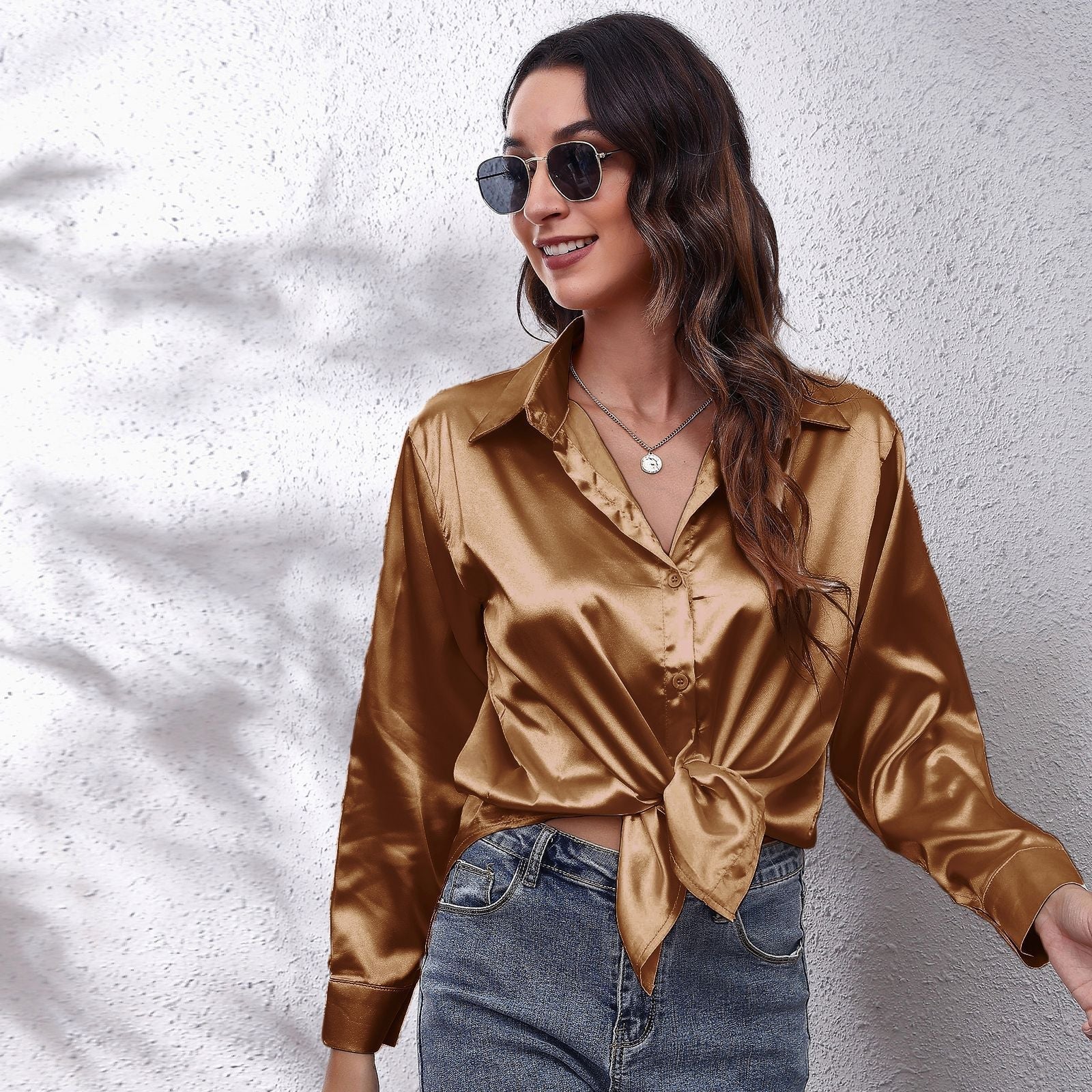 Satin Shirt Women Formal Solid Color Tops Blouses - Busy Bee Bazaar