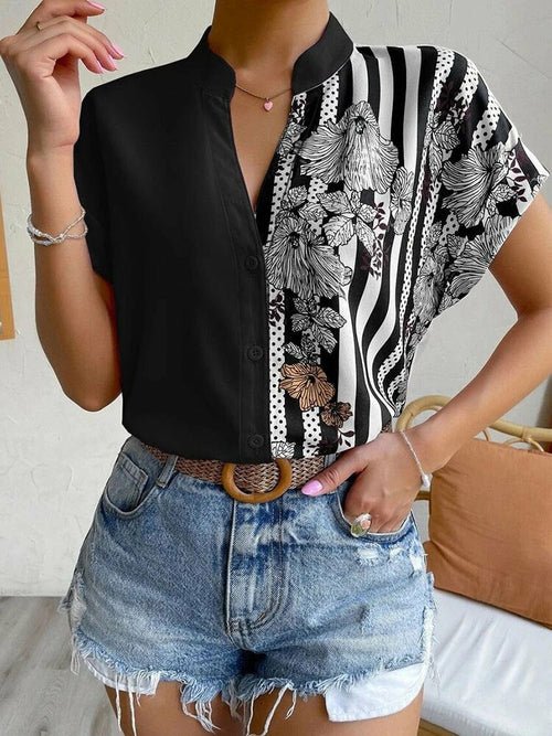 Short Sleeve Printed V-neck Blouse with Buttons - Busy Bee Bazaar