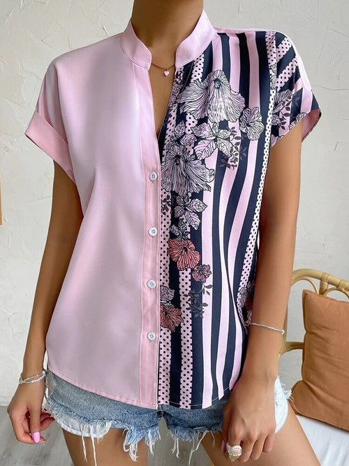 Short Sleeve Printed V-neck Blouse with Buttons - Busy Bee Bazaar