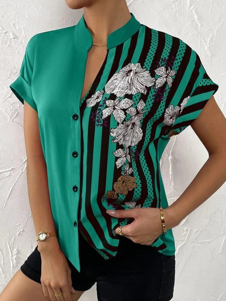 Short Sleeve Printed V-neck Blouse with Buttons - Busy Bee Bazaar