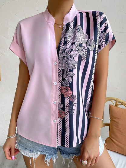 Short Sleeve Printed V-neck Blouse with Buttons - Busy Bee Bazaar