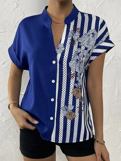 Short Sleeve Printed V-neck Blouse with Buttons - Busy Bee Bazaar