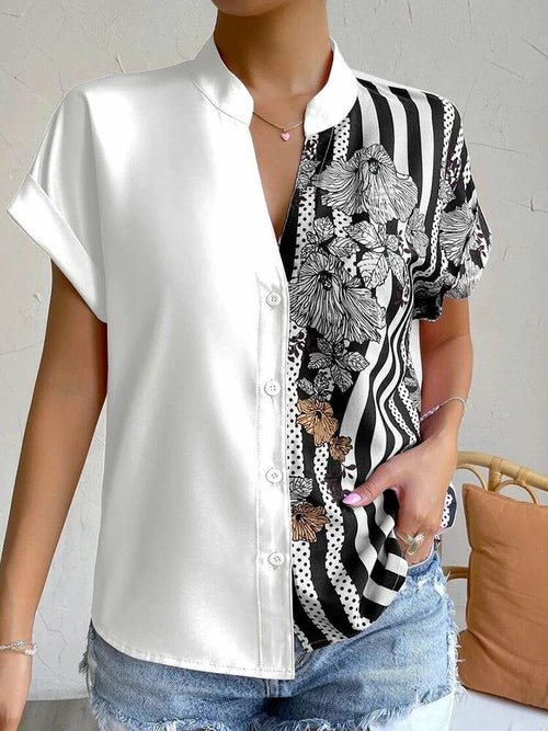 Short Sleeve Printed V-neck Blouse with Buttons - Busy Bee Bazaar