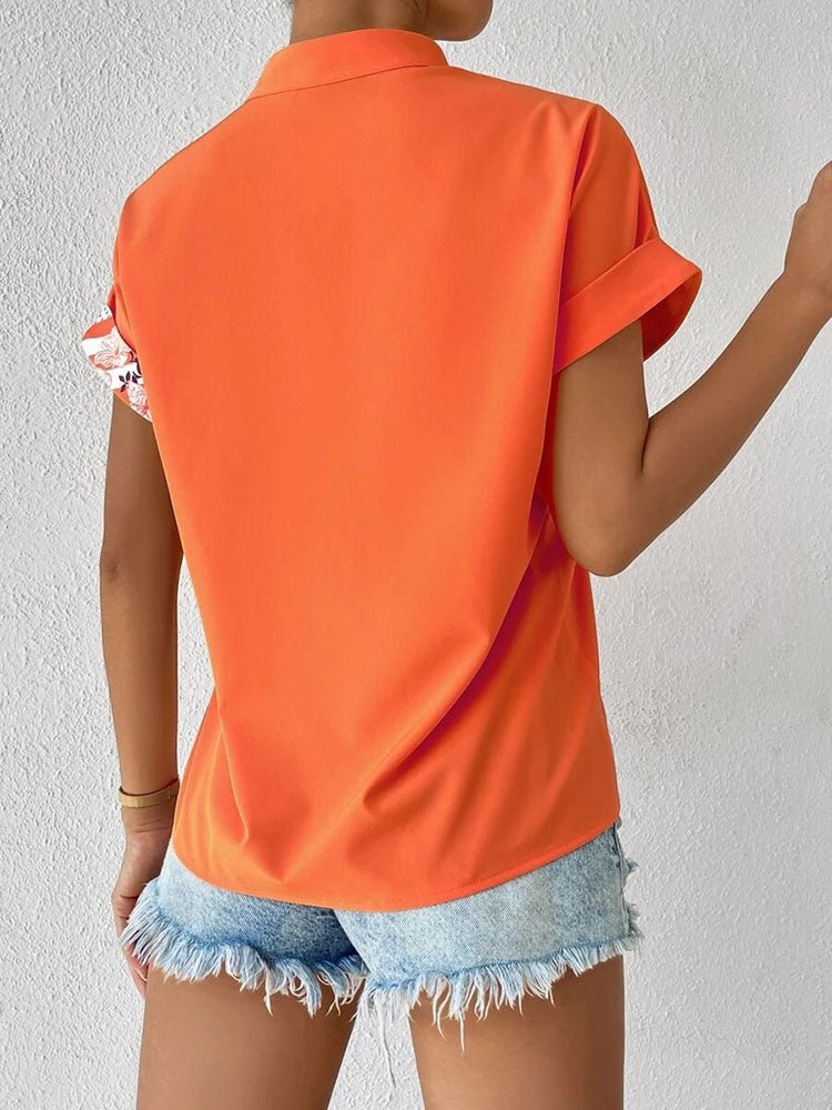 Short Sleeve Printed V-neck Blouse with Buttons - Busy Bee Bazaar