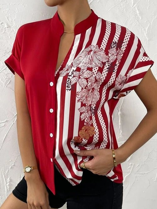 Short Sleeve Printed V-neck Blouse with Buttons - Busy Bee Bazaar