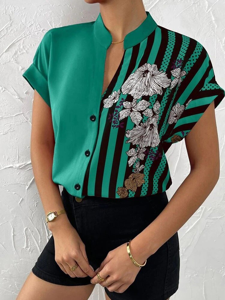 Short Sleeve Printed V-neck Blouse with Buttons - Busy Bee Bazaar