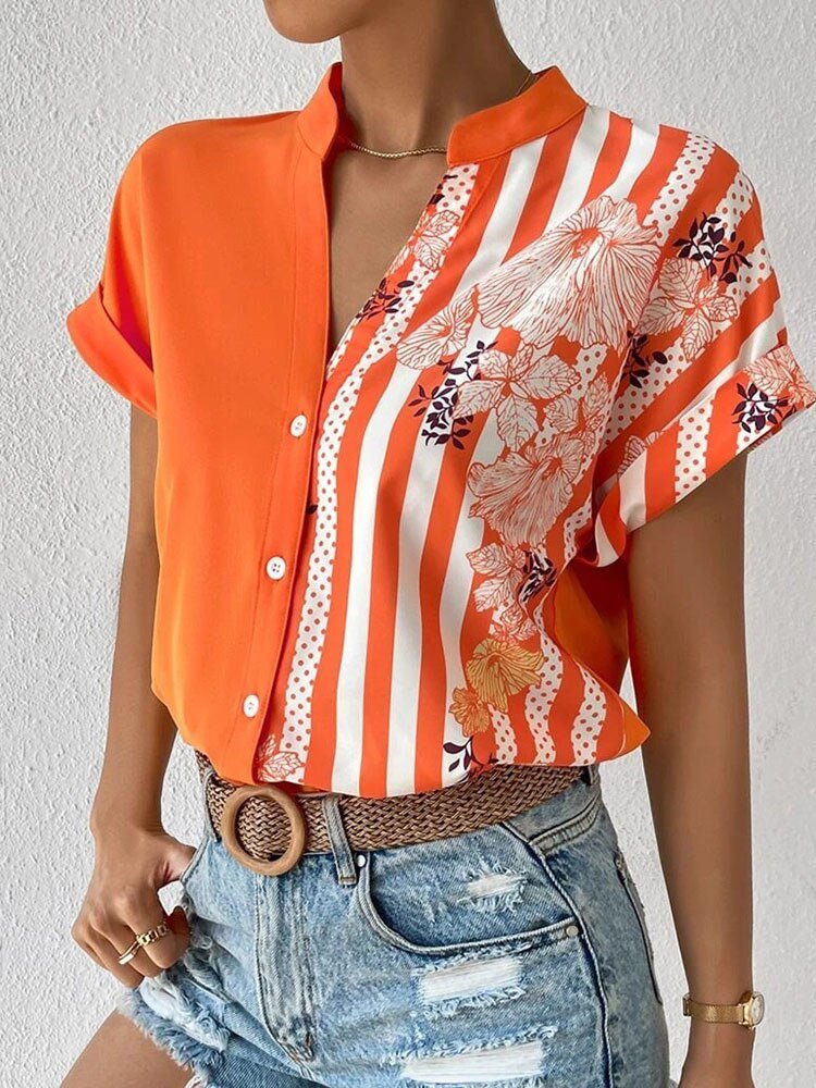 Short Sleeve Printed V-neck Blouse with Buttons - Busy Bee Bazaar