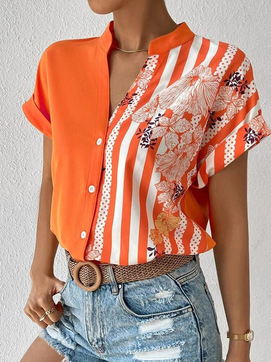 Short Sleeve Printed V-neck Blouse with Buttons - Busy Bee Bazaar