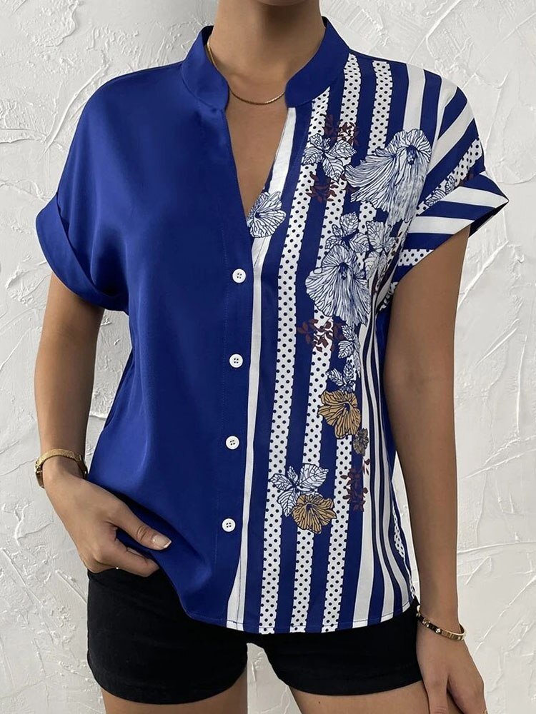 Short Sleeve Printed V-neck Blouse with Buttons - Busy Bee Bazaar