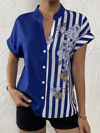 Short Sleeve Printed V-neck Blouse with Buttons - Busy Bee Bazaar