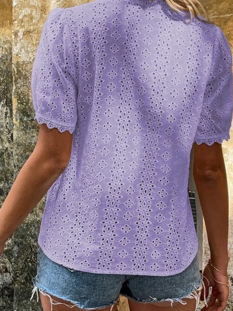 Short Sleeve Solid Shirt Pullover Embroidery Lace Blouse - Busy Bee Bazaar