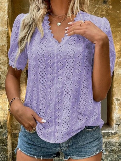 Short Sleeve Solid Shirt Pullover Embroidery Lace Blouse - Busy Bee Bazaar