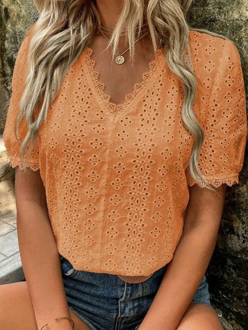 Short Sleeve Solid Shirt Pullover Embroidery Lace Blouse - Busy Bee Bazaar