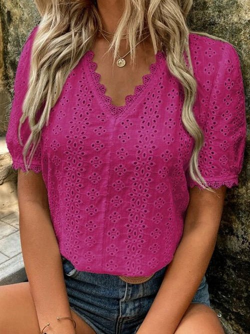 Short Sleeve Solid Shirt Pullover Embroidery Lace Blouse - Busy Bee Bazaar
