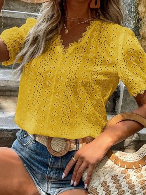 Short Sleeve Solid Shirt Pullover Embroidery Lace Blouse - Busy Bee Bazaar
