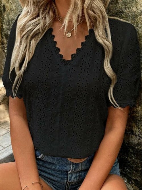 Short Sleeve Solid Shirt Pullover Embroidery Lace Blouse - Busy Bee Bazaar