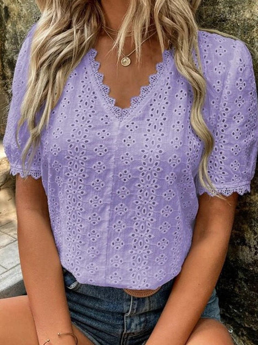 Short Sleeve Solid Shirt Pullover Embroidery Lace Blouse - Busy Bee Bazaar