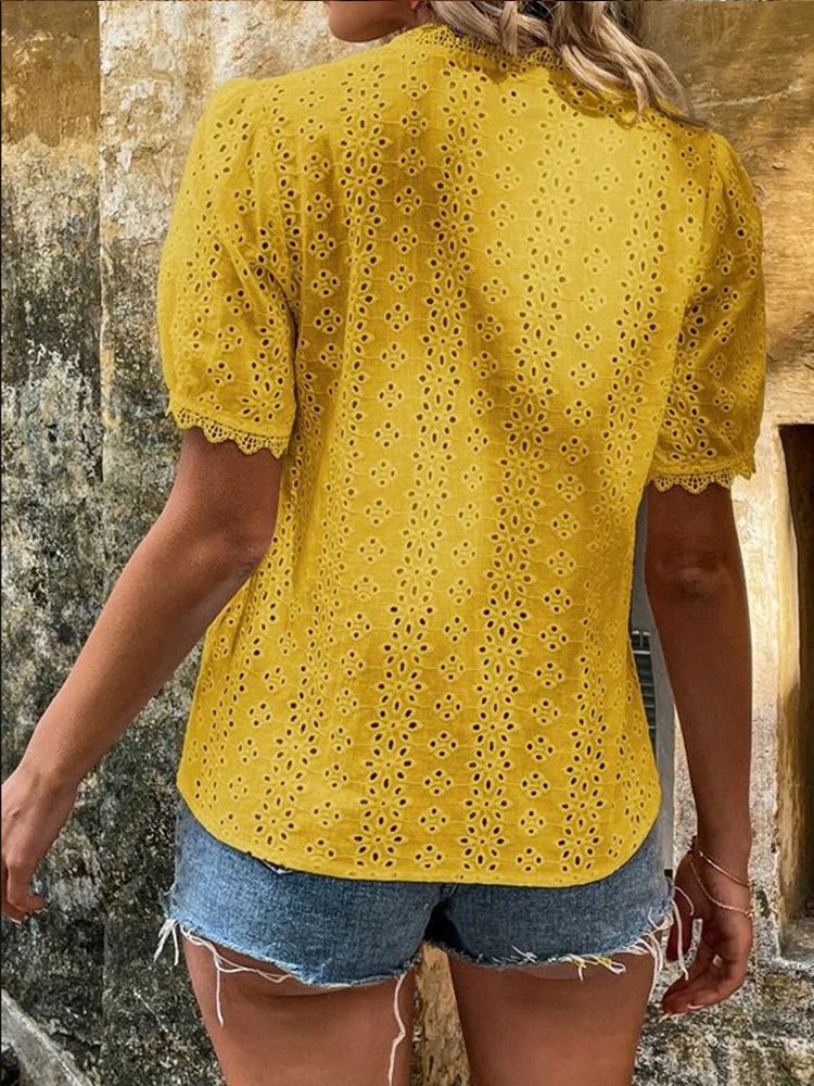 Short Sleeve Solid Shirt Pullover Embroidery Lace Blouse - Busy Bee Bazaar