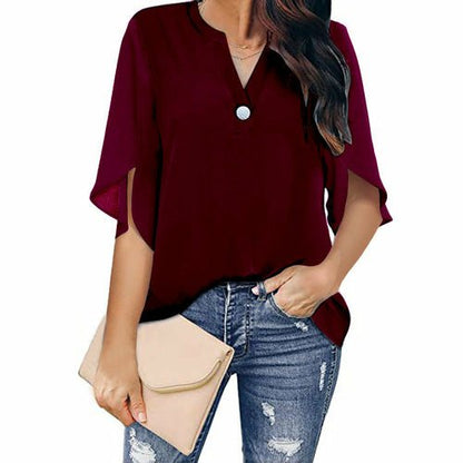 Short Sleeved Solid Color V-neck Chiffon Shirt - Busy Bee Bazaar